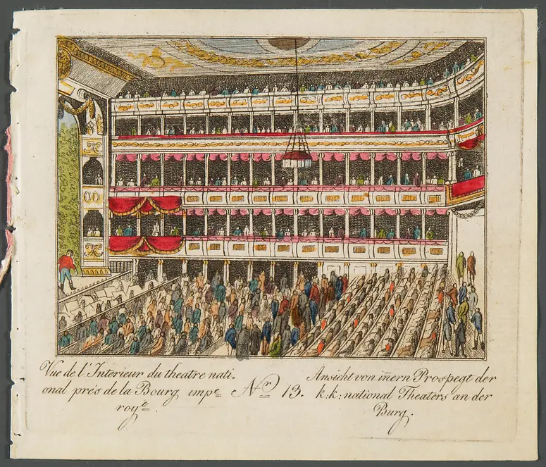 Wien, Altes Burgtheater, Titel in Vorlageform: Vue d l'Interieur du theatre national prés de la Bourg imp.e roye., Titel in Vorlageform: Ansicht von inneren Prospegt der k.k. national Theaters an der Burg, Titel der Serie: Ansichten-Sammlung der Berühmtesten Palläste, Gebäude und der Schönsten Gegenden vor und um Wien