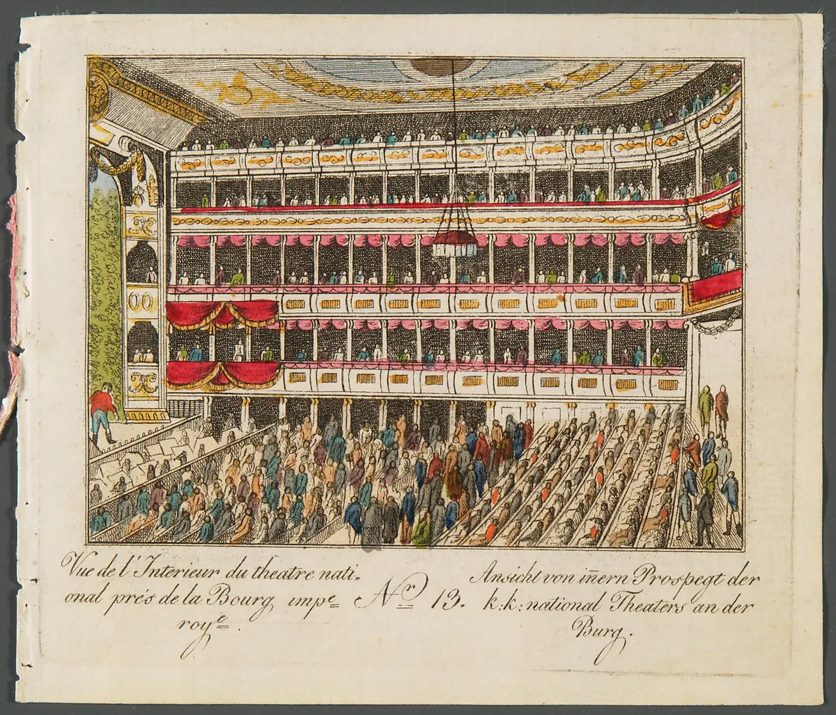 Wien, Altes Burgtheater, Titel in Vorlageform: Vue d l'Interieur du theatre national prés de la Bourg imp.e roye., Titel in Vorlageform: Ansicht von inneren Prospegt der k.k. national Theaters an der Burg, Titel der Serie: Ansichten-Sammlung der Berühmtesten Palläste, Gebäude und der Schönsten Gegenden vor und um Wien