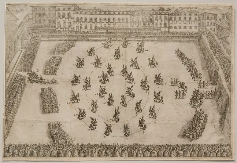 Descrizione delle feste fatte nelle reali nozze, Titel in Vorlageform: Descrizione delle feste fatte nelle reali nozze de' Serenissimi principi di Toscana d. Cosimo de' Medici, e Maria Maddalena arciduchessa d'Austria, Verweis auf Stücktitel: La Giostra dei Venti