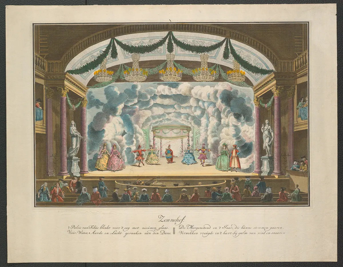 ohne Titel, Titel in Vorlageform: Zonnehof (Himmel), Titel der Serie: Toneeldecors van de Amsterdamse Schouwburg (Theaterdekorationen der Amsterdamer Schauburg), Verweis auf Stücktitel: Het eeuwgetijde van den Amsteldamschen Schouwburg