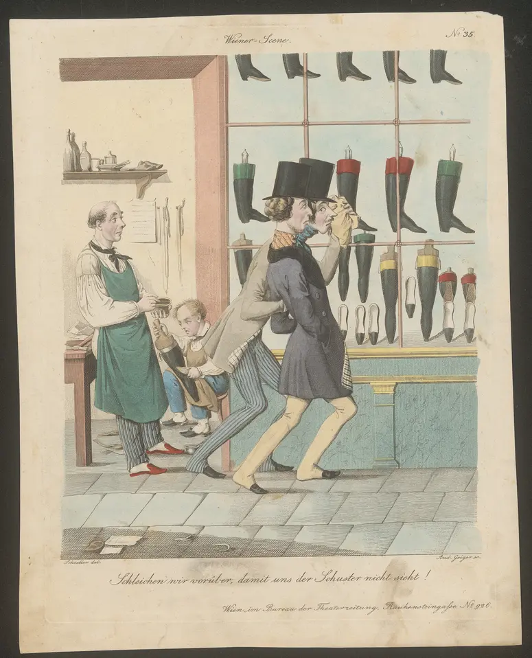 Schleichen wir vorüber, damit uns der Schuster nicht sieht!, Titel der Serie: Wiener Scene, Name der Zeitschrift: Wiener Theaterzeitung