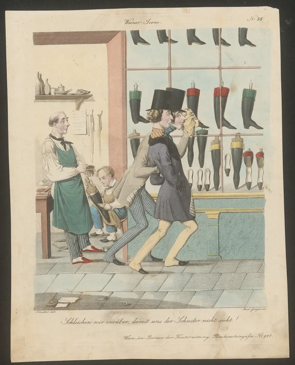 Schleichen wir vorüber, damit uns der Schuster nicht sieht!, Titel der Serie: Wiener Scene, Name der Zeitschrift: Wiener Theaterzeitung