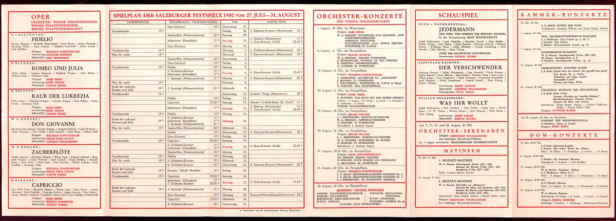 Salzburger Festspiele 1950, Verweis auf Stücktitel: Fidelio, Verweis auf Stücktitel: Romeo und Julia, Verweis auf Stücktitel: Raub der Lukrezia, Verweis auf Stücktitel: Don Giovanni, Verweis auf Stücktitel: Zauberflöte, Verweis auf Stücktitel: Capriccio, Verweis auf Stücktitel: Jedermann, Verweis auf Stücktitel: Der Verschwender, Verweis auf Stücktitel: Was ihr wollt