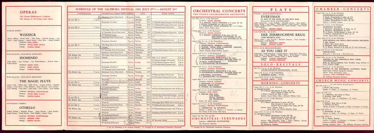Salzburger Festspiele 1951, Titel in Vorlageform: Salzburg Festival 1951, Verweis auf Stücktitel: Wozzeck, Verweis auf Stücktitel: Idomeneo, Verweis auf Stücktitel: Zauberflöte, Verweis auf Stücktitel: Othello, Verweis auf Stücktitel: Jedermann, Verweis auf Stücktitel: Der zerbrochene Krug, Verweis auf Stücktitel: Wie es euch gefällt
