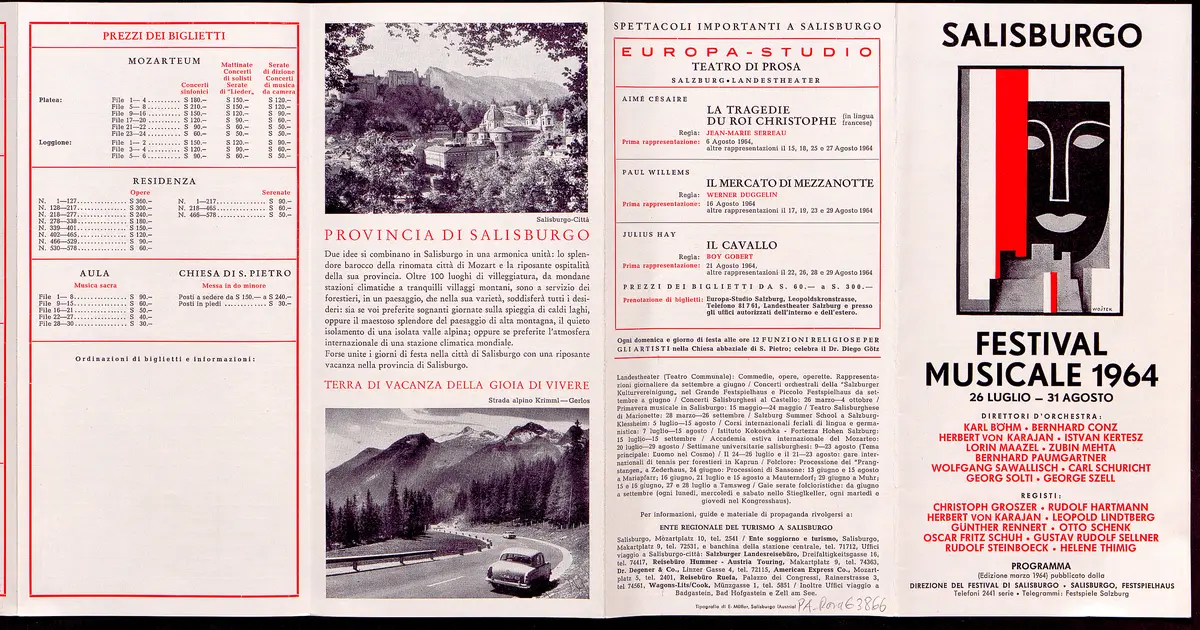Salzburger Festspiele 1964, Titel in Vorlageform: Salzburgo Festival musicale 1964, Verweis auf Stücktitel: Cosi fan tutte, Verweis auf Stücktitel: Figaros Hochzeit, Verweis auf Stücktitel: Lucio Silla, Verweis auf Stücktitel: Die Zauberflöte, Verweis auf Stücktitel: Ariadne auf Naxos, Verweis auf Stücktitel: Elektra, Verweis auf Stücktitel: Der Rosenkavalier, Verweis auf Stücktitel: Macbeth, Verweis auf Stücktitel: Jedermann, Verweis auf Stücktitel: Faust, Verweis auf Stücktitel: Die lustigen Weiber von Windsor