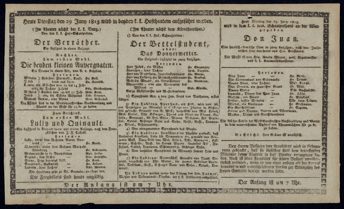 Der Verräther, Die beyden kleinen Auvergnaten, Lully und Quinault, Der Bettelstudent, oder: Das Donnerwetter, Don Juan
