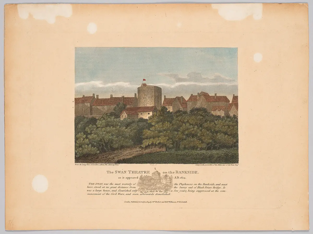 London, Swan Theatre, Titel in Vorlageform: The Swan Theatre on the Bankside. as it appeared A.D. 1614., Titel der Serie: Londina Illustrata