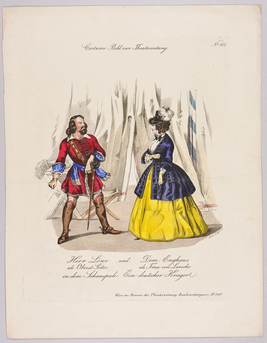 Ein deutscher Krieger, Titel in Vorlageform: Herr Löwe und Dem. Enghaus [...] in dem Schauspiele: Ein deutscher Krieger, Titel der Serie: Costume-Bild, Name der Zeitschrift: Wiener Theaterzeitung