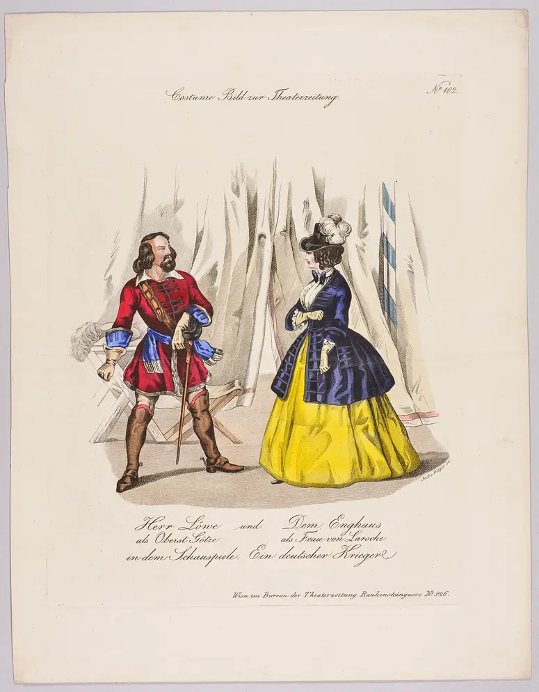 Ein deutscher Krieger, Titel in Vorlageform: Herr Löwe und Dem. Enghaus [...] in dem Schauspiele: Ein deutscher Krieger, Titel der Serie: Costume-Bild, Name der Zeitschrift: Wiener Theaterzeitung