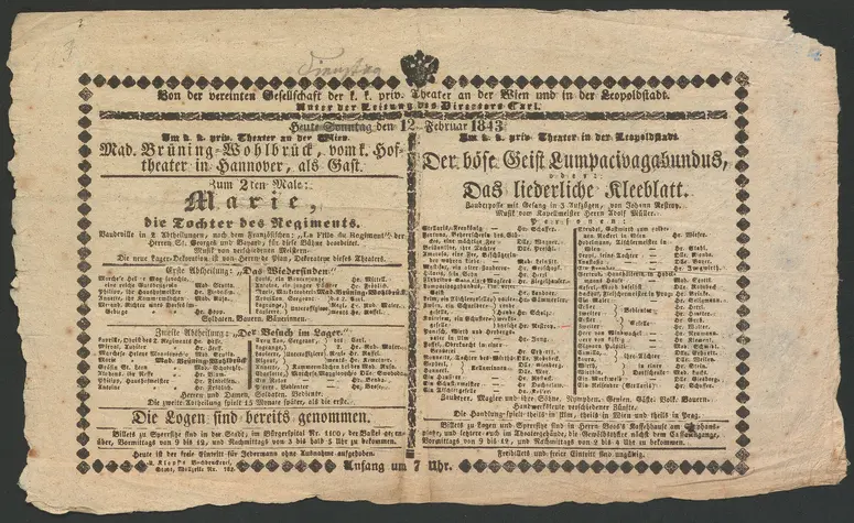 Marie, die Tochter des Regiments, Der böse Geist Lumpacivagabundus, oder Das liederliche Kleeblatt, Der böse Geist Lumpazivagabundus, oder Das liederliche Kleeblatt