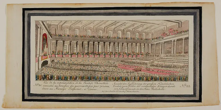 Wien (allgemein), Hofburg, kaiserliche Reitschule, Titel in Vorlageform: Vue de la représentation de la Cantate Thimothée / executée au benefice des guerrier blessés par 704 ama- / teurs au Manége Imperial - à Vienne // Ansicht der Aufführung der grossen Händelschen / Cantate zum Besten der verwundeten Krieger durch / 704 Kunstfreunde in der Kais. Reitschule., Verweis auf Stücktitel: Das Alexanderfest oder Die Macht der Musik, Verweis auf Stücktitel: Thimothée / Timotheus oder Die Gewalt der Musik