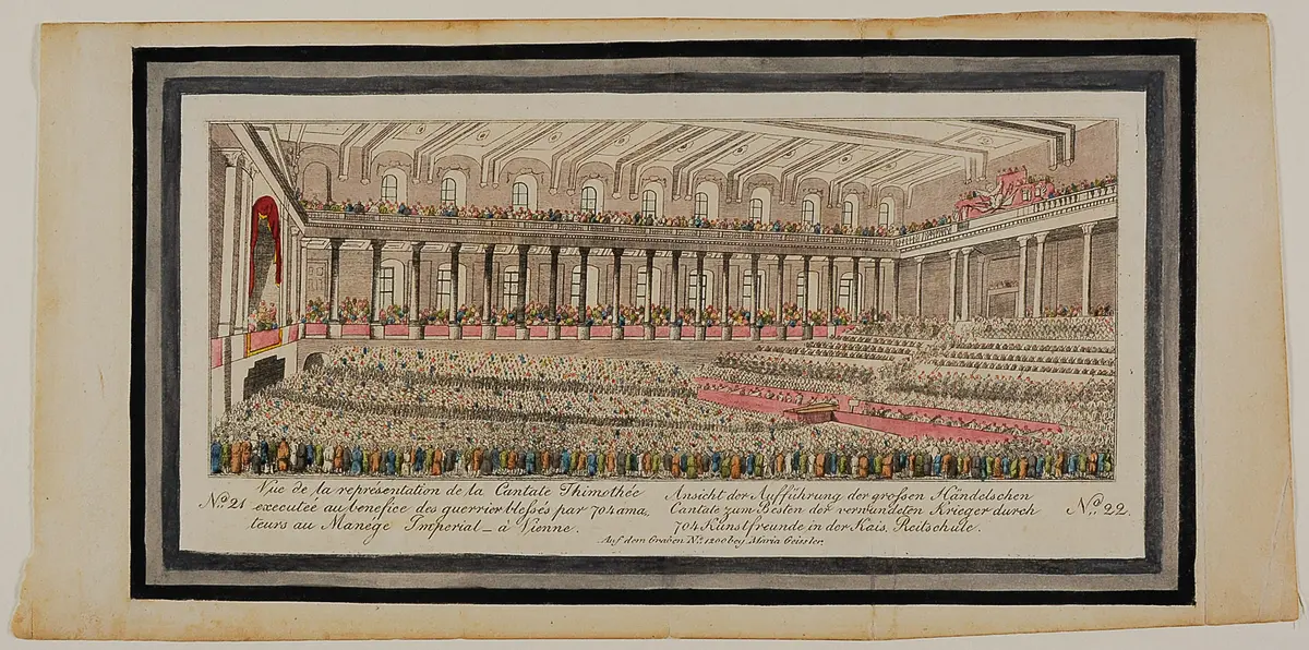Wien (allgemein), Hofburg, kaiserliche Reitschule, Titel in Vorlageform: Vue de la représentation de la Cantate Thimothée / executée au benefice des guerrier blessés par 704 ama- / teurs au Manége Imperial - à Vienne // Ansicht der Aufführung der grossen Händelschen / Cantate zum Besten der verwundeten Krieger durch / 704 Kunstfreunde in der Kais. Reitschule., Verweis auf Stücktitel: Das Alexanderfest oder Die Macht der Musik, Verweis auf Stücktitel: Thimothée / Timotheus oder Die Gewalt der Musik