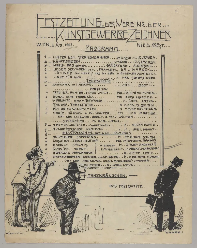 Festzeitung des Vereins der Kunstgewerbe-Zeichner, Verweis auf Stücktitel: Teremtette, Verweis auf Stücktitel: Ein Stündchen auf dem Comptoir