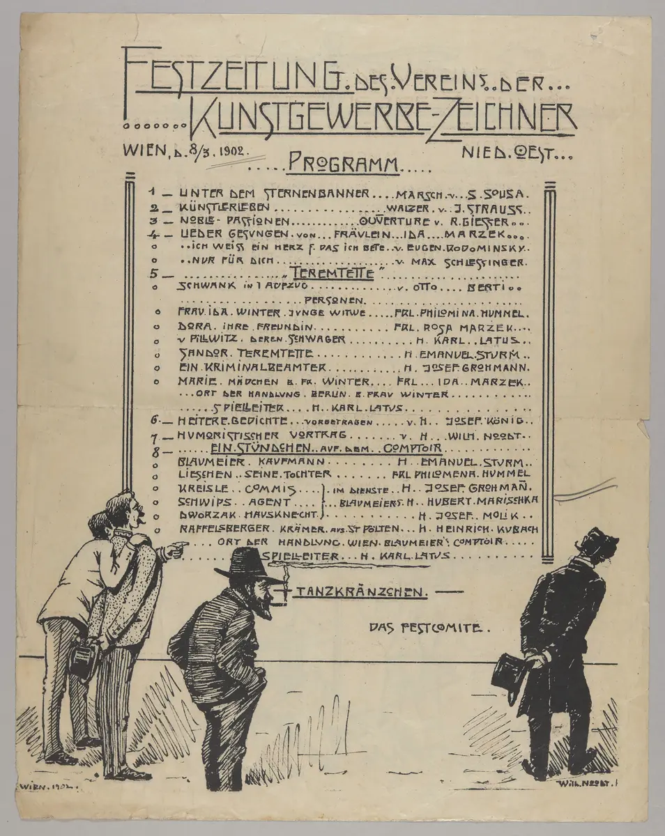 Festzeitung des Vereins der Kunstgewerbe-Zeichner, Verweis auf Stücktitel: Teremtette, Verweis auf Stücktitel: Ein Stündchen auf dem Comptoir