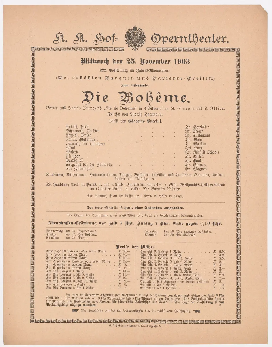 La Bohème, Titel in Vorlageform: Die Bohême, Suchtitel: La Boheme