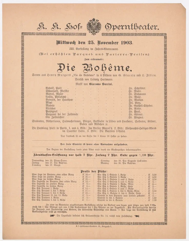 La Bohème, Titel in Vorlageform: Die Bohême, Suchtitel: La Boheme
