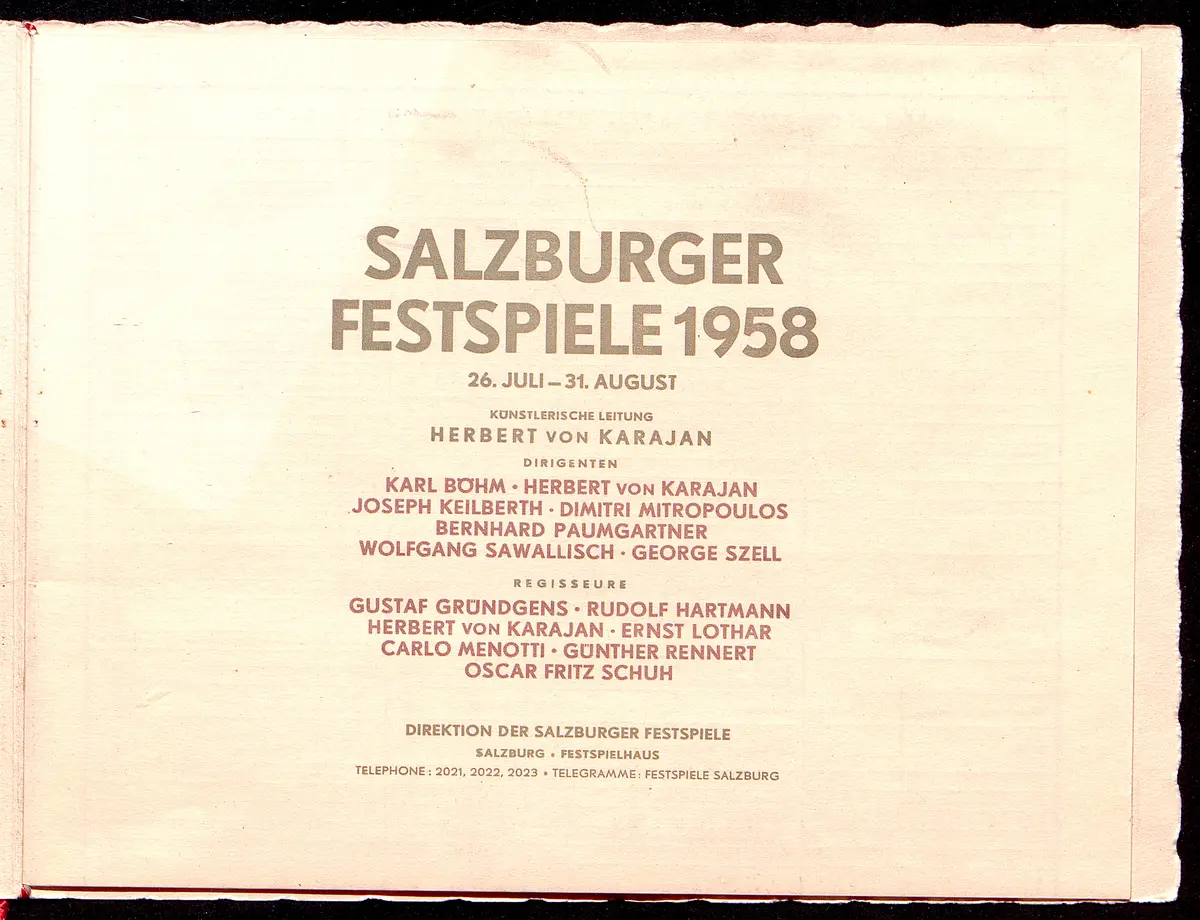 Salzburger Festspiele 1958, Verweis auf Stücktitel: Vanessa, Verweis auf Stücktitel: Fidelio, Verweis auf Stücktitel: Cosi fan tutte, Figaros Hochzeit, Verweis auf Stücktitel: Arabella, Verweis auf Stücktitel: Don Carlos, Verweis auf Stücktitel: Jedermann, Verweis auf Stücktitel: Juarez und Maximilian, Verweis auf Stücktitel: Ein Hauch von Poesie