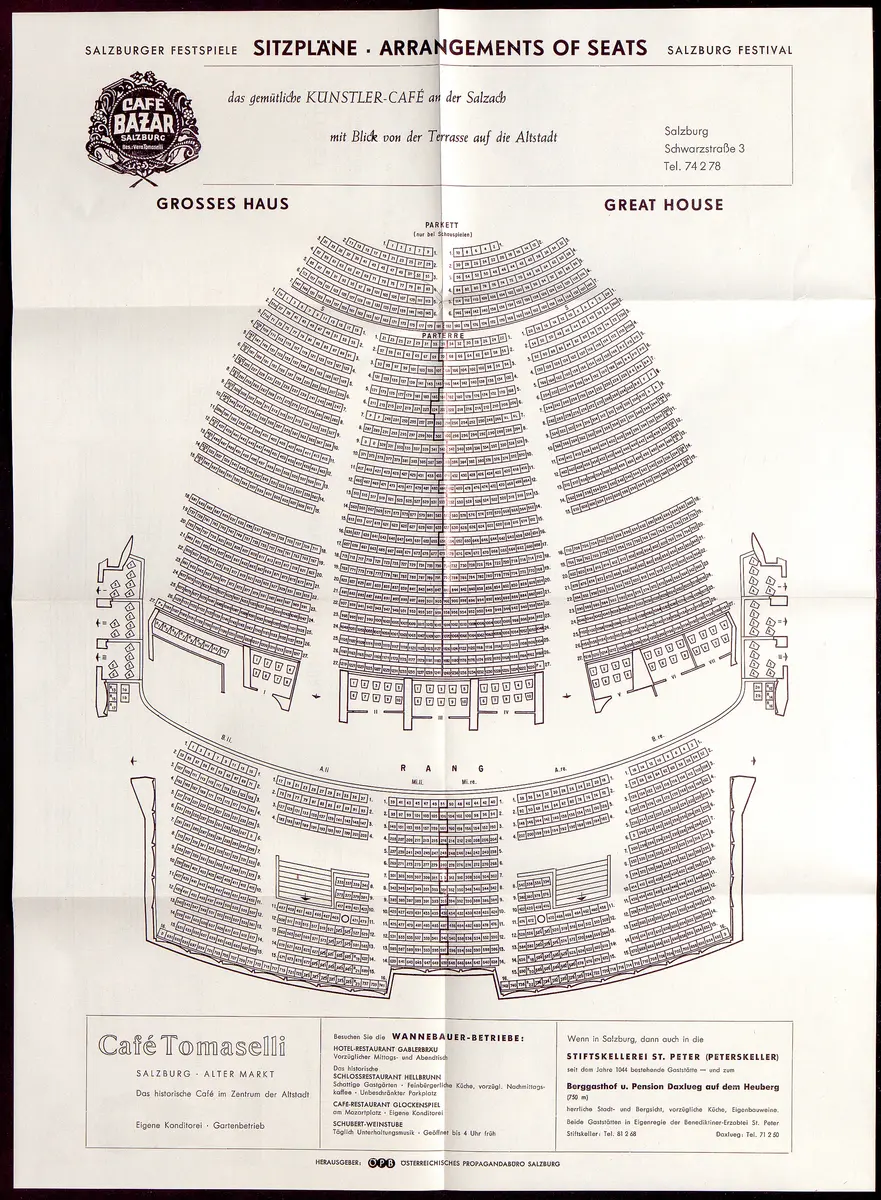 Salzburger Festspiele 1964, Titel in Vorlageform: Salzburgo Festival 1964, Verweis auf Stücktitel: Cosi fan tutte, Verweis auf Stücktitel: Figaros Hochzeit, Verweis auf Stücktitel: Lucio Silla, Verweis auf Stücktitel: Die Zauberflöte, Verweis auf Stücktitel: Ariadne auf Naxos, Verweis auf Stücktitel: Elektra, Verweis auf Stücktitel: Der Rosenkavalier, Verweis auf Stücktitel: Macbeth, Verweis auf Stücktitel: Jedermann, Verweis auf Stücktitel: Faust, Verweis auf Stücktitel: Die lustigen Weiber von Windsor