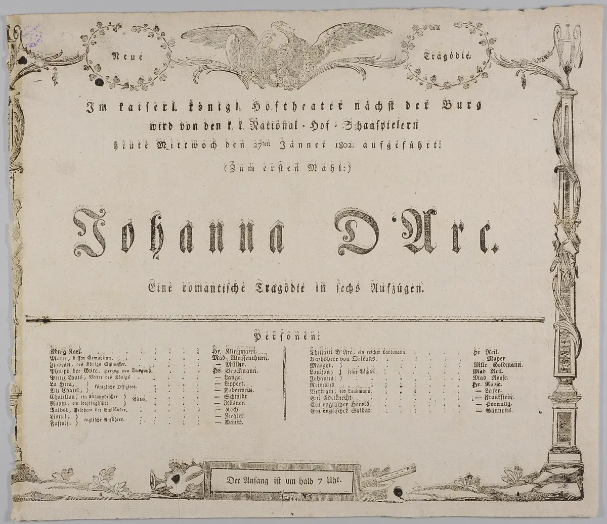 Die Jungfrau von Orleans, Titel in Vorlageform: Johanna D'Arc