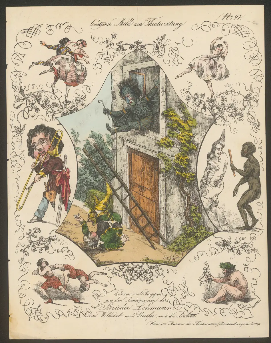 Der Wilddieb, Lucifer, Der Pächter, Titel in Vorlageform: Scenen und Gruppen aus den Pantomimen der Brüder Lehmann, Titel der Serie: Costume-Bild, Name der Zeitschrift: Wiener Theaterzeitung