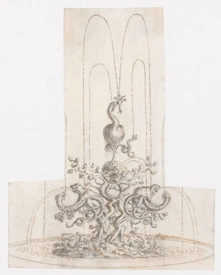 Springbrunnen mit Storch, Schlangen und Kröten