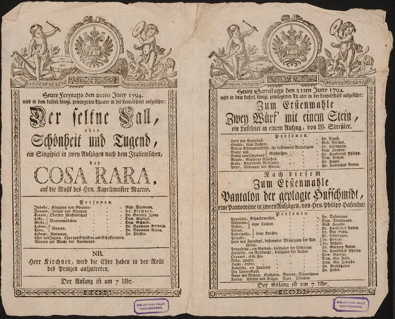 Der seltene Fall oder Schönheit und Tugend (Cosa Rara), Zwey Würf' mit einem Stein, Pantalon der geplagte Hufschmidt