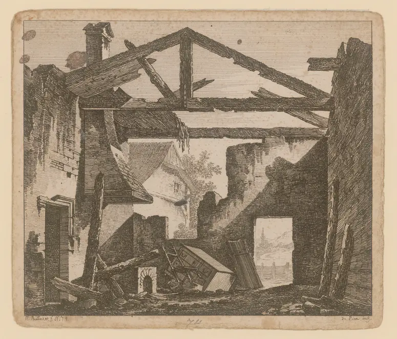 Das abgebrannte Haus, Titel der Serie: Theaterdecorationen nach den Original Skitzen des k.k. Hof Theater Mahlers Anton de Pian, gestochen und verlegt von Norbert Bittner.