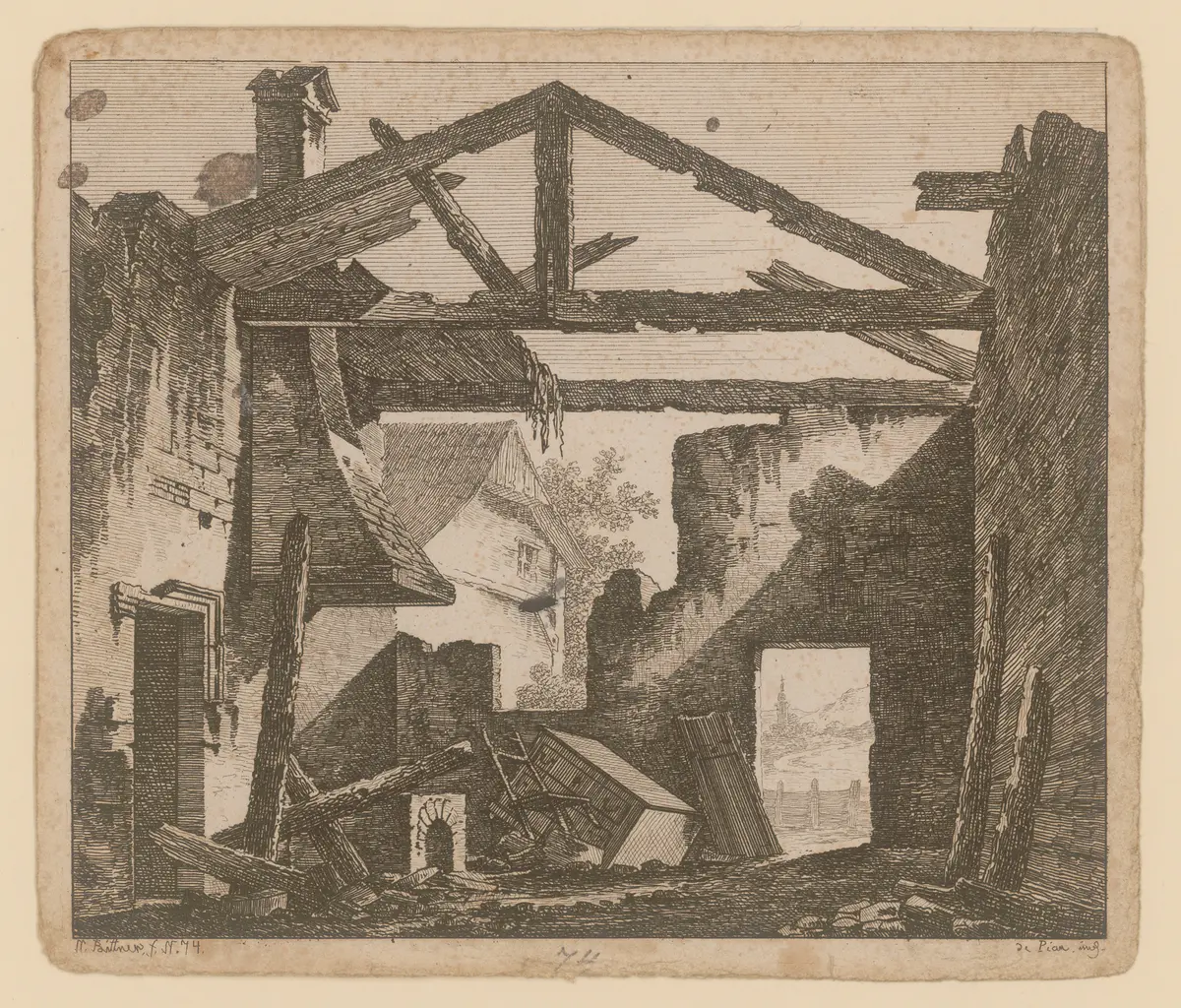 Das abgebrannte Haus, Titel der Serie: Theaterdecorationen nach den Original Skitzen des k.k. Hof Theater Mahlers Anton de Pian, gestochen und verlegt von Norbert Bittner.