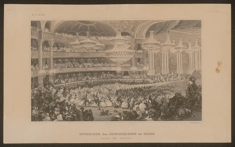 Paris, Salle le Peletier, Alternativtitel: Paris, Opéra Le Peletier, Alternativtitel: Paris, Oper, Titel in Vorlageform: Interiore des Opernhauses in Paris (Grand Bal Masqué)