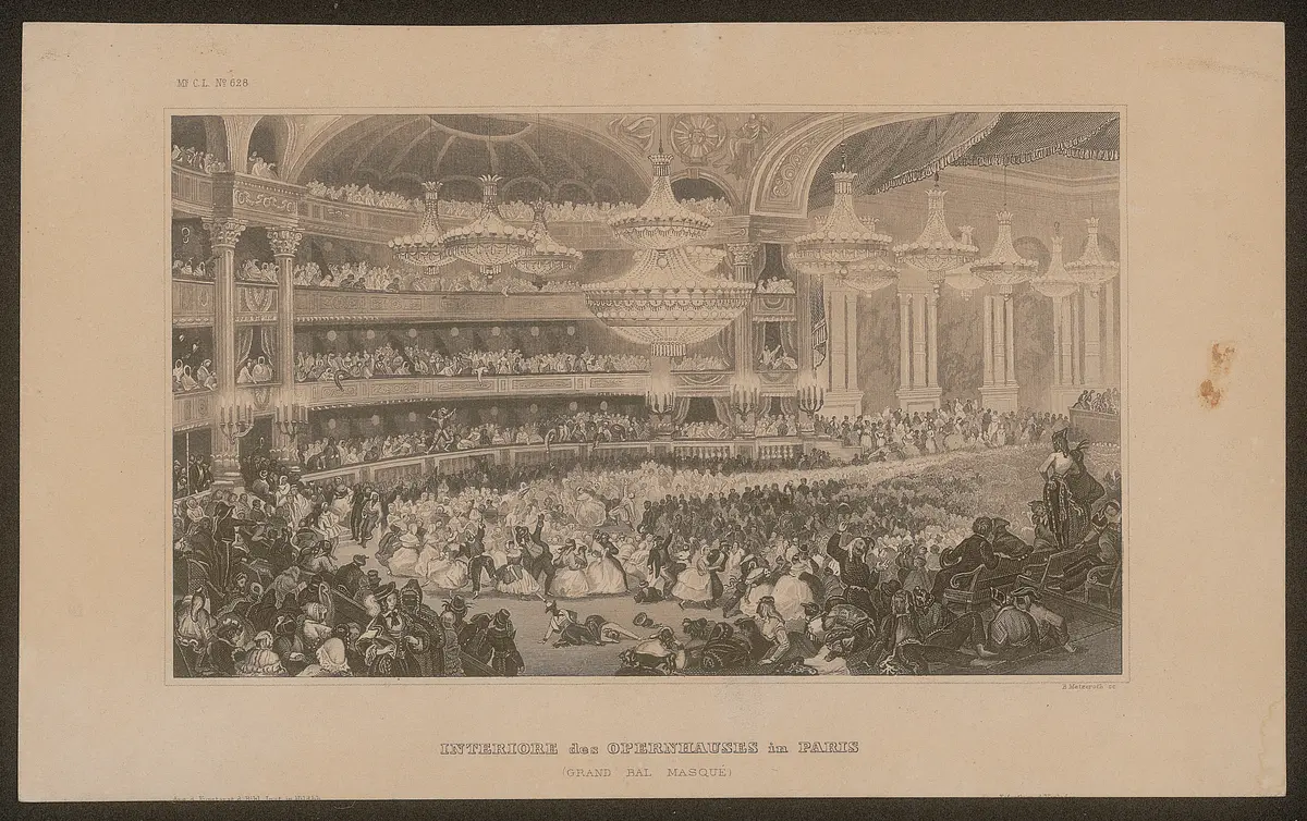 Paris, Salle le Peletier, Alternativtitel: Paris, Opéra Le Peletier, Alternativtitel: Paris, Oper, Titel in Vorlageform: Interiore des Opernhauses in Paris (Grand Bal Masqué)