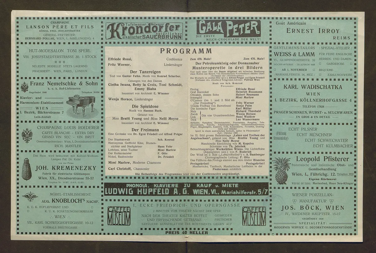 Kabarett Fledermaus, Titel in Vorlageform: Fledermaus Theater und Kabarett, Verweis auf Stücktitel: Die Spieldose, Verweis auf Stücktitel: Der Freimann, Verweis auf Stücktitel: Der Petroleumkönig