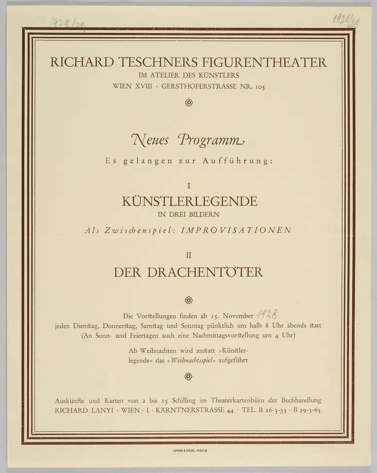 Richard Teschners Figurentheater, Verweis auf Stücktitel: Künstlerlegende, Verweis auf Stücktitel: Der Drachentöter