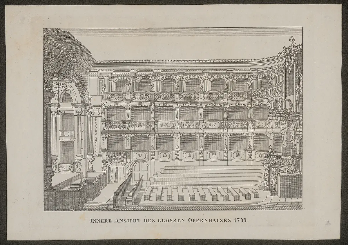 Dresden, Opernhaus am Zwinger, Titel in Vorlageform: Innere Ansicht des grossen Opernhauses 1755