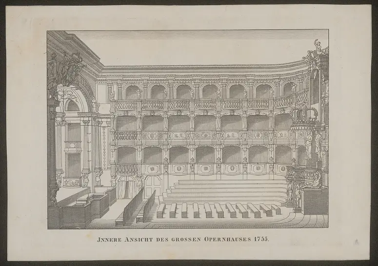 Dresden, Opernhaus am Zwinger, Titel in Vorlageform: Innere Ansicht des grossen Opernhauses 1755