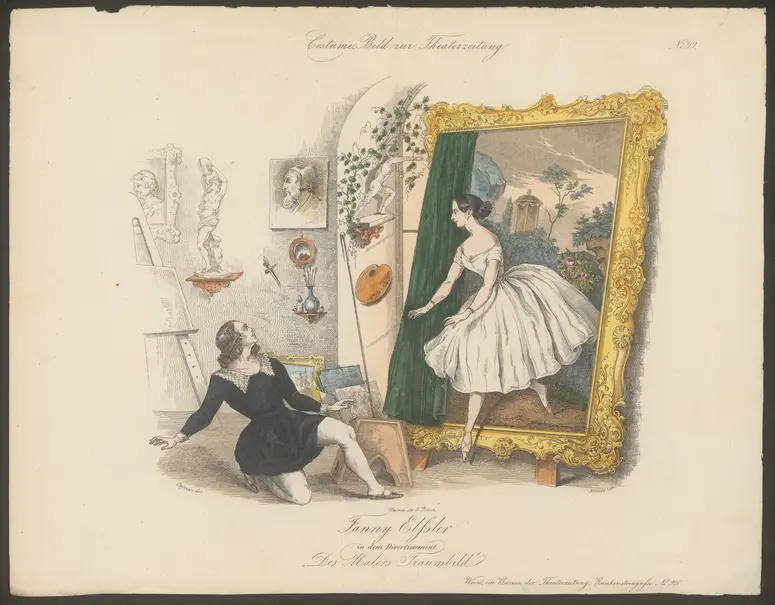 Des Malers Traumbild, Titel in Vorlageform: Fanny Elssler in dem Divertissement: Des Malers Traumbild, Titel der Serie: Costume-Bild, Name der Zeitschrift: Wiener Theaterzeitung