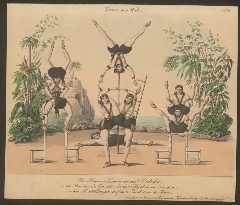 Die Herren Lawrence und Redisha, erste Mimiker des Covent-Garden Theaters in London, in ihren Vorrstellungen auf dem Theater an der Wien., Titel der Serie: Wiener Scene, Name der Zeitschrift: Wiener Theaterzeitung, Verweis auf Stücktitel: Moppels Abentheuer im Viertel unter Wiener Wald in Neu-Seeland und Marokko