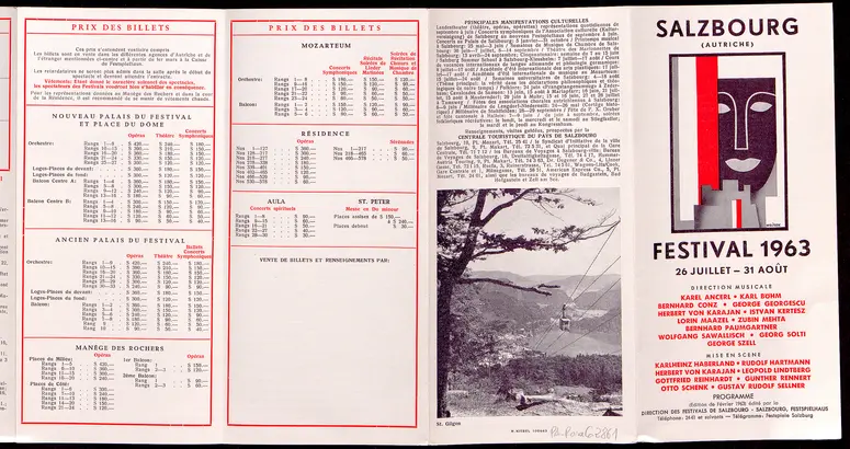 Salzburger Festspiele 1963, Titel in Vorlageform: Salzbourg Festival 1963, Verweis auf Stücktitel: Iphigenie in Aulis, Verweis auf Stücktitel: Cosi fan tutte, Verweis auf Stücktitel: Die Entführung aus dem Serail, Verweis auf Stücktitel: Figaros Hochzeit, Verweis auf Stücktitel: Die Zauberflöte, Verweis auf Stücktitel: Der Rosenkavalier, Verweis auf Stücktitel: Der Troubadour, Verweis auf Stücktitel: Jedermann, Verweis auf Stücktitel: Faust