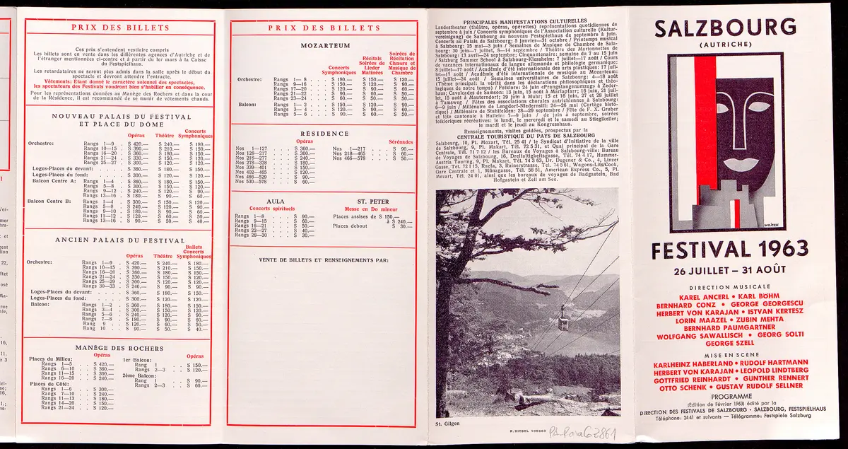 Salzburger Festspiele 1963, Titel in Vorlageform: Salzbourg Festival 1963, Verweis auf Stücktitel: Iphigenie in Aulis, Verweis auf Stücktitel: Cosi fan tutte, Verweis auf Stücktitel: Die Entführung aus dem Serail, Verweis auf Stücktitel: Figaros Hochzeit, Verweis auf Stücktitel: Die Zauberflöte, Verweis auf Stücktitel: Der Rosenkavalier, Verweis auf Stücktitel: Der Troubadour, Verweis auf Stücktitel: Jedermann, Verweis auf Stücktitel: Faust