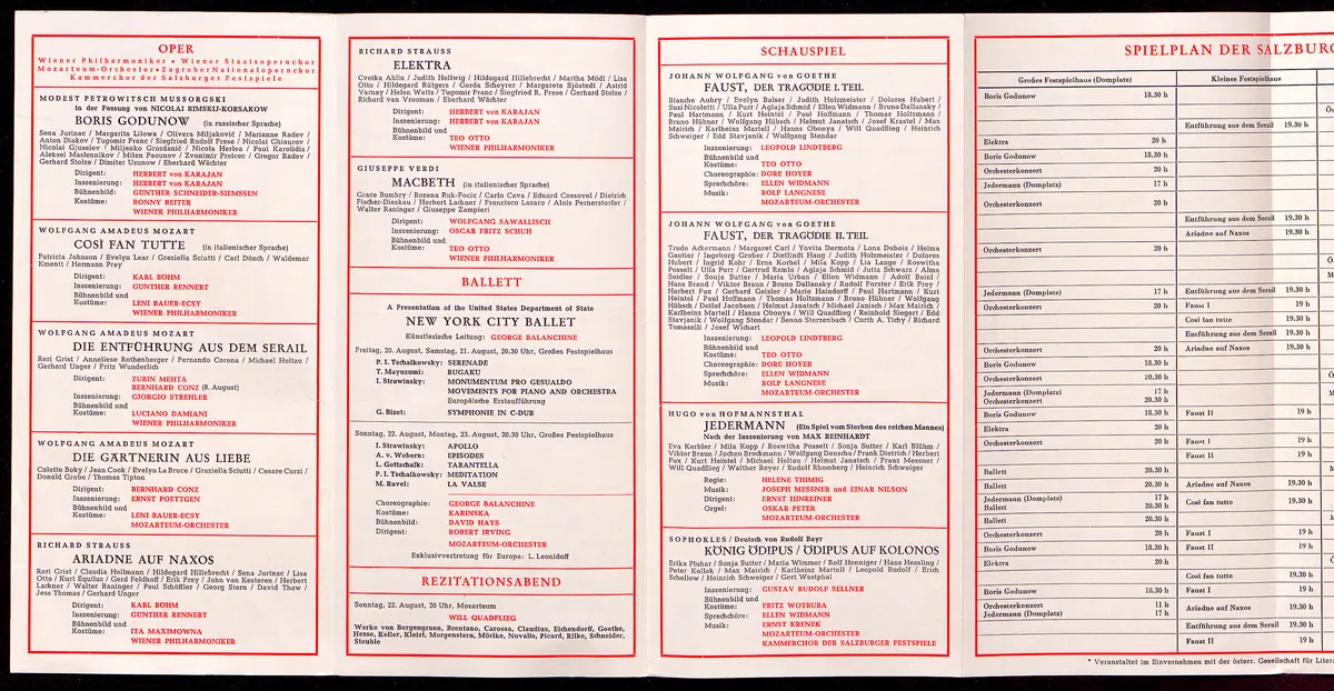 Salzburger Festspiele 1965, Verweis auf Stücktitel: Boris Godunow, Verweis auf Stücktitel: Cosi fan tutte, Verweis auf Stücktitel: Die Entführung aus dem Serail, Verweis auf Stücktitel: Die Gärtnerin aus Liebe, Verweis auf Stücktitel: Ariadne auf Naxos, Verweis auf Stücktitel: Elektra, Verweis auf Stücktitel: Macbeth, Verweis auf Stücktitel: Jedermann, Verweis auf Stücktitel: Faust, Verweis auf Stücktitel: König Ödipus / Ödipus auf Kolonos
