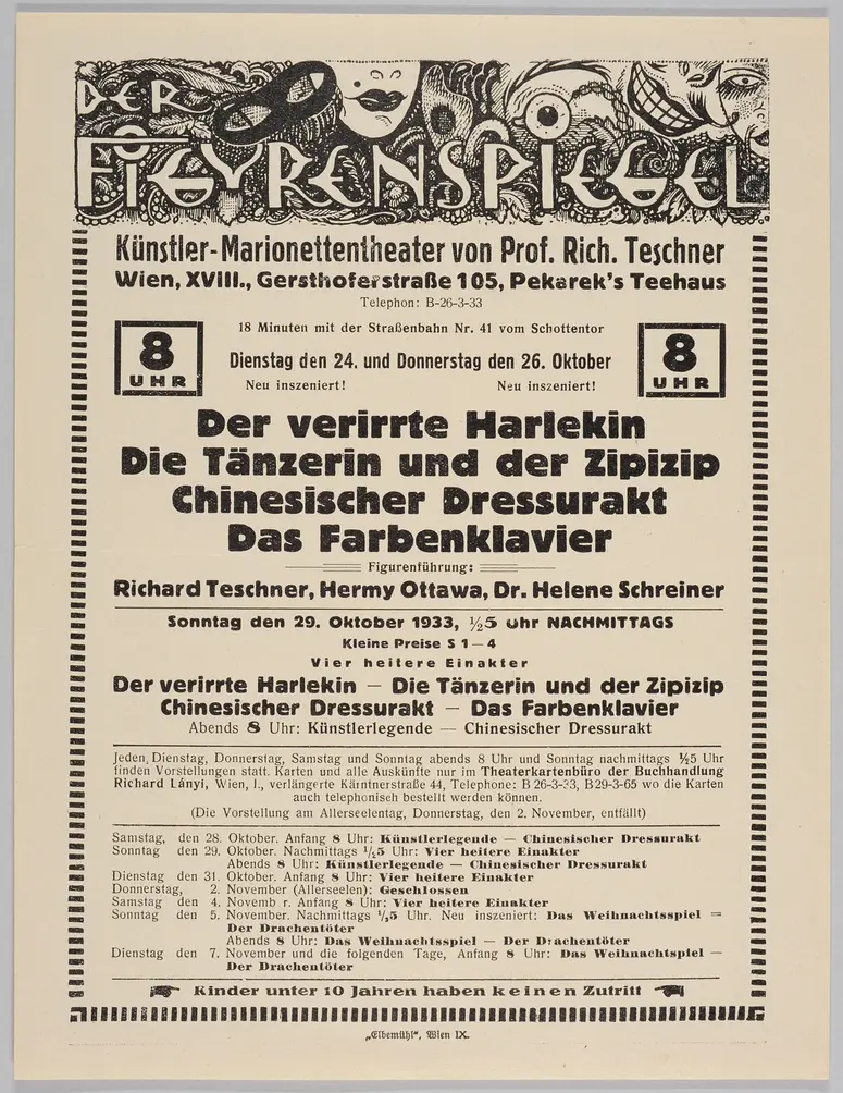 Der Figurenspiegel, Verweis auf Stücktitel: Der verirrte Harlekin, Verweis auf Stücktitel: Die Tänzerin / Die grüne Tänzerin / Die Tänzerin und der Zipizip, Verweis auf Stücktitel: Dressurakt / Chinesischer Dressurakt, Verweis auf Stücktitel: Das Farbenklavier