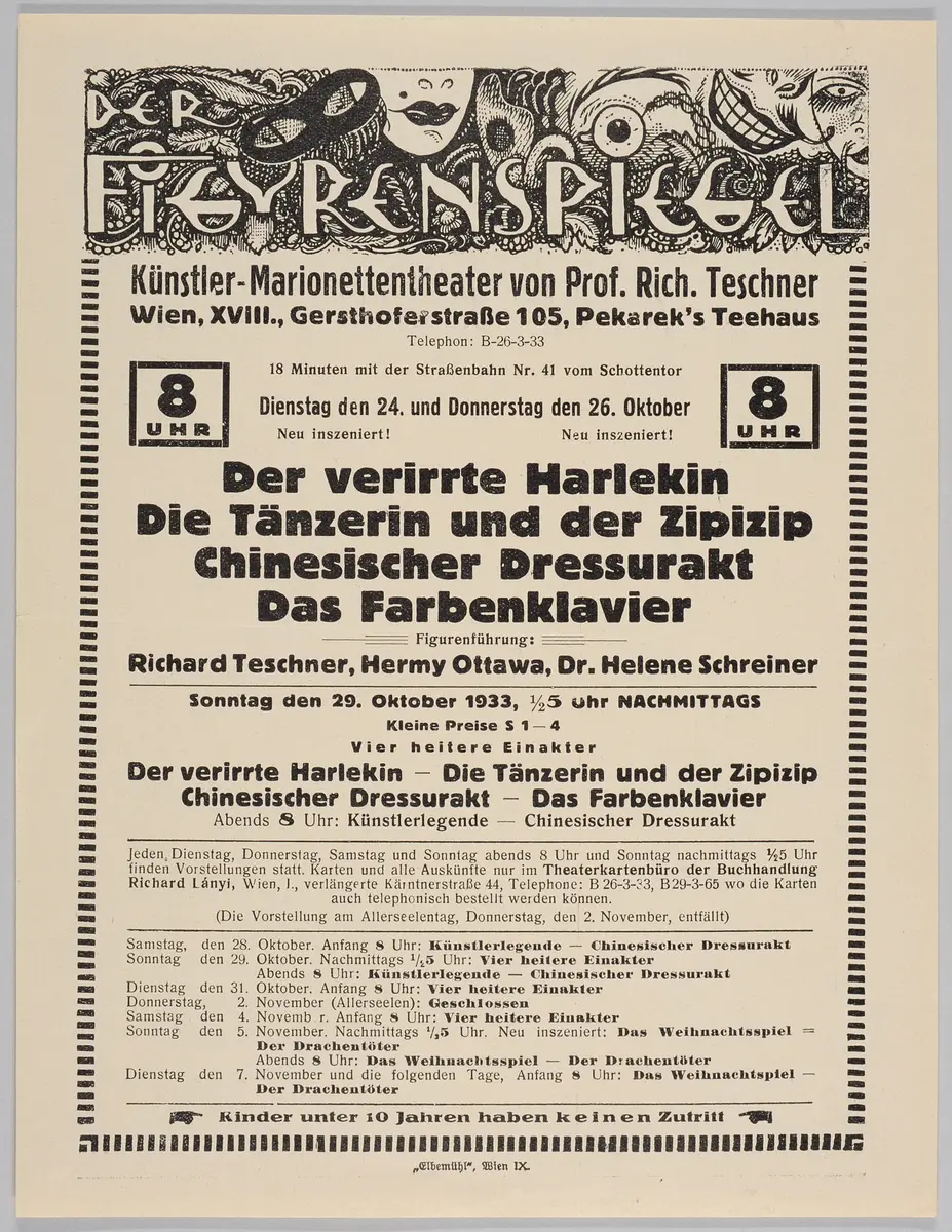 Der Figurenspiegel, Verweis auf Stücktitel: Der verirrte Harlekin, Verweis auf Stücktitel: Die Tänzerin / Die grüne Tänzerin / Die Tänzerin und der Zipizip, Verweis auf Stücktitel: Dressurakt / Chinesischer Dressurakt, Verweis auf Stücktitel: Das Farbenklavier