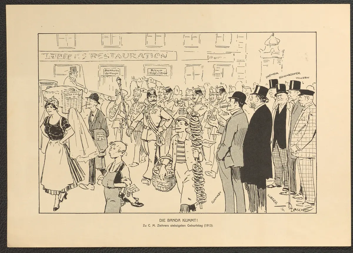 Die Banda kummt! (Zu C. M. Ziehrers siebzigsten Geburtstag, 1913), Titel der Serie: Theo Zasche's Lachendes Wien
