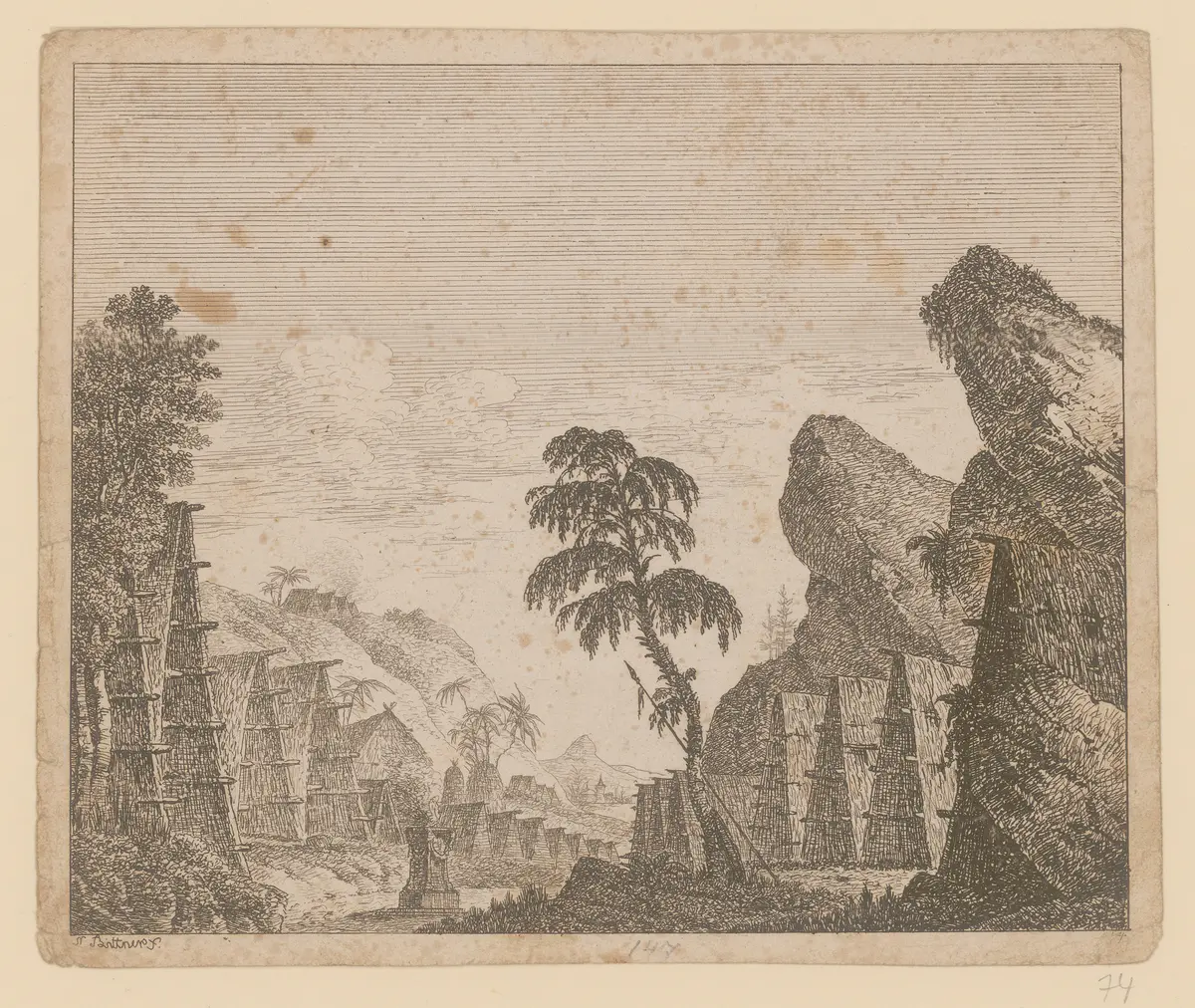 Die Spanier in Peru, Titel der Serie: Theaterdecorationen nach den Originalskitzen des k.k. Hoftheatermahlers Joseph Platzer radirt und verlegt von Norbert Bittner