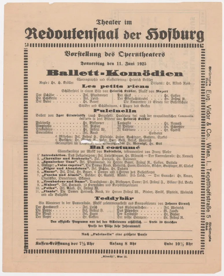 Ballett-Komödien, Verweis auf Stücktitel: Les petits riens, Verweis auf Stücktitel: Pulcinella, Verweis auf Stücktitel: Bal costumé, Verweis auf Stücktitel: Teddybär