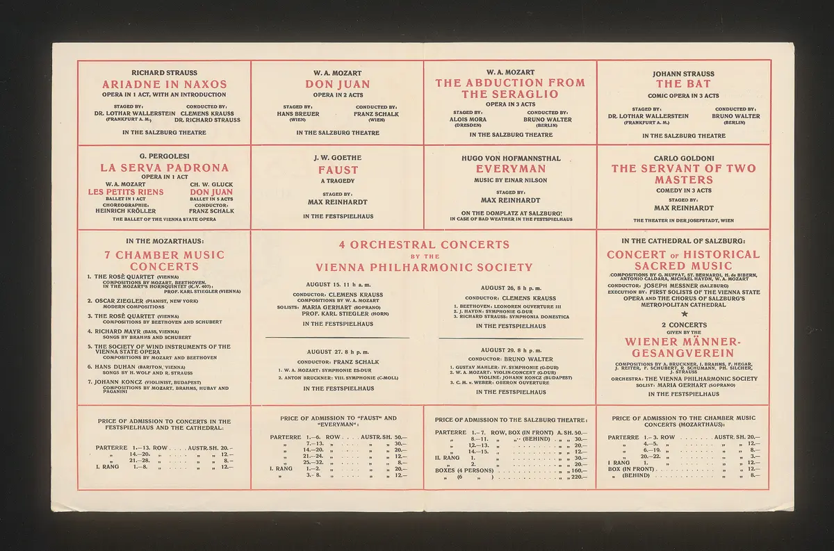 Salzburger Festspiele 1926, Titel in Vorlageform: Salzburg Festival 1926, Verweis auf Stücktitel: Ariadne aus Naxos, Verweis auf Stücktitel: Don Juan, Verweis auf Stücktitel: Die Entführung aus dem Serail, Verweis auf Stücktitel: Die Fledermaus, Verweis auf Stücktitel: La serva padrona, Verweis auf Stücktitel: Turandot, Verweis auf Stücktitel: Jedermann, Verweis auf Stücktitel: Der Diener zweier Herren