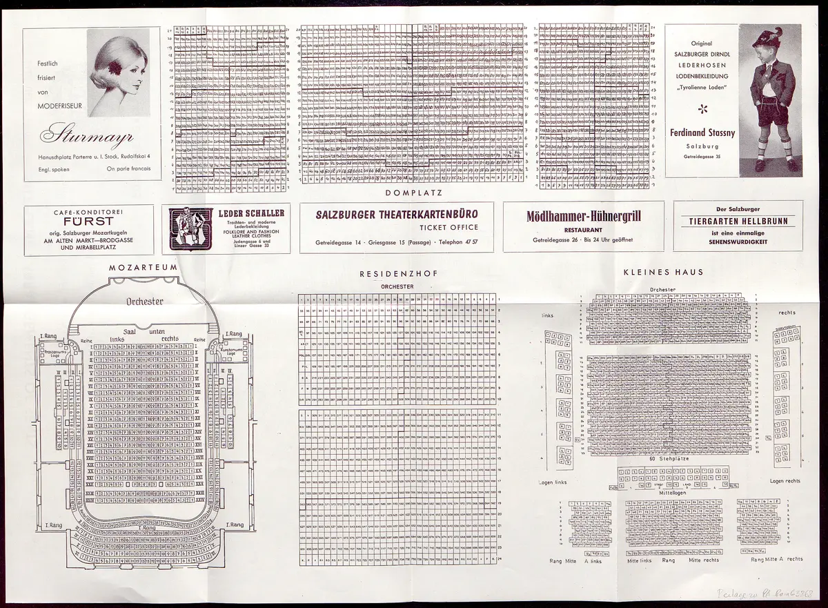 Salzburger Festspiele 1964, Titel in Vorlageform: Salzburgo Festival 1964, Verweis auf Stücktitel: Cosi fan tutte, Verweis auf Stücktitel: Figaros Hochzeit, Verweis auf Stücktitel: Lucio Silla, Verweis auf Stücktitel: Die Zauberflöte, Verweis auf Stücktitel: Ariadne auf Naxos, Verweis auf Stücktitel: Elektra, Verweis auf Stücktitel: Der Rosenkavalier, Verweis auf Stücktitel: Macbeth, Verweis auf Stücktitel: Jedermann, Verweis auf Stücktitel: Faust, Verweis auf Stücktitel: Die lustigen Weiber von Windsor