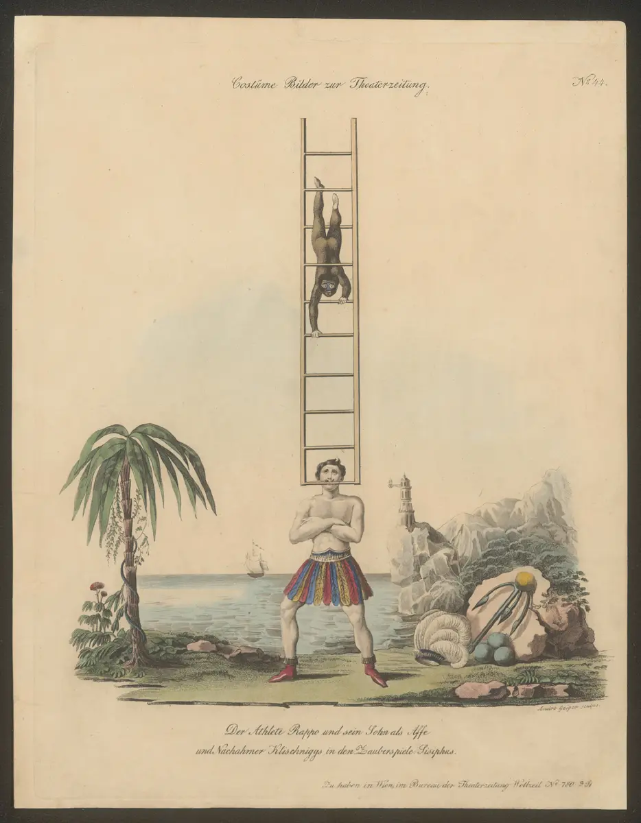 Sisiphus, Alternativtitel: Sisiphus auf der Oberwelt, Alternativtitel: Sisyphus, Titel in Vorlageform: Der Athlet Rappo und sein Sohn als Affe und Nachahmer Klischniggs in den Zauberspielen: Sisiphus, Titel der Serie: Costume-Bild, Name der Zeitschrift: Wiener Theaterzeitung