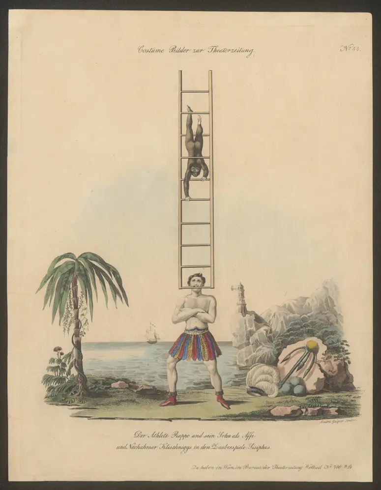 Sisiphus, Alternativtitel: Sisiphus auf der Oberwelt, Alternativtitel: Sisyphus, Titel in Vorlageform: Der Athlet Rappo und sein Sohn als Affe und Nachahmer Klischniggs in den Zauberspielen: Sisiphus, Titel der Serie: Costume-Bild, Name der Zeitschrift: Wiener Theaterzeitung
