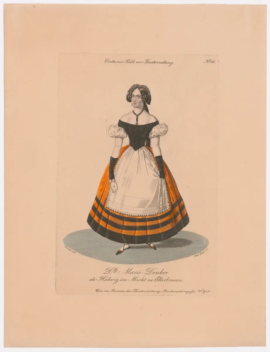 Marie Denker, Titel der Serie: Costume-Bild, Name der Zeitschrift: Wiener Theaterzeitung, Verweis auf Stücktitel: Der Markt zu Ellerbrunn