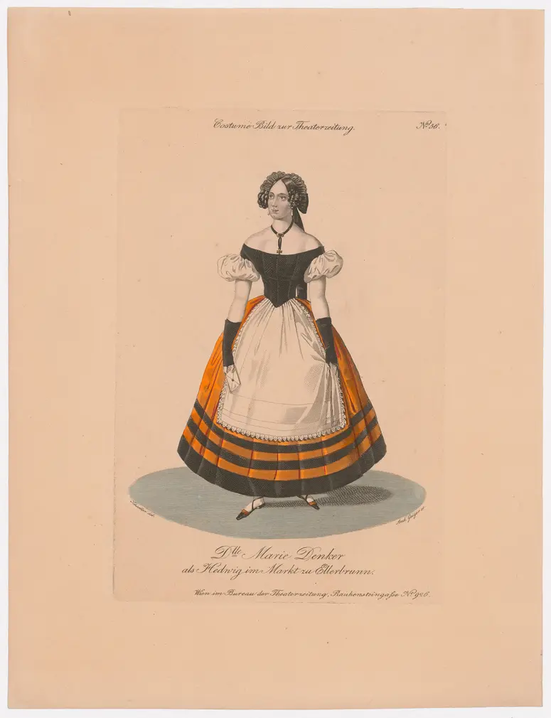 Marie Denker, Titel der Serie: Costume-Bild, Name der Zeitschrift: Wiener Theaterzeitung, Verweis auf Stücktitel: Der Markt zu Ellerbrunn